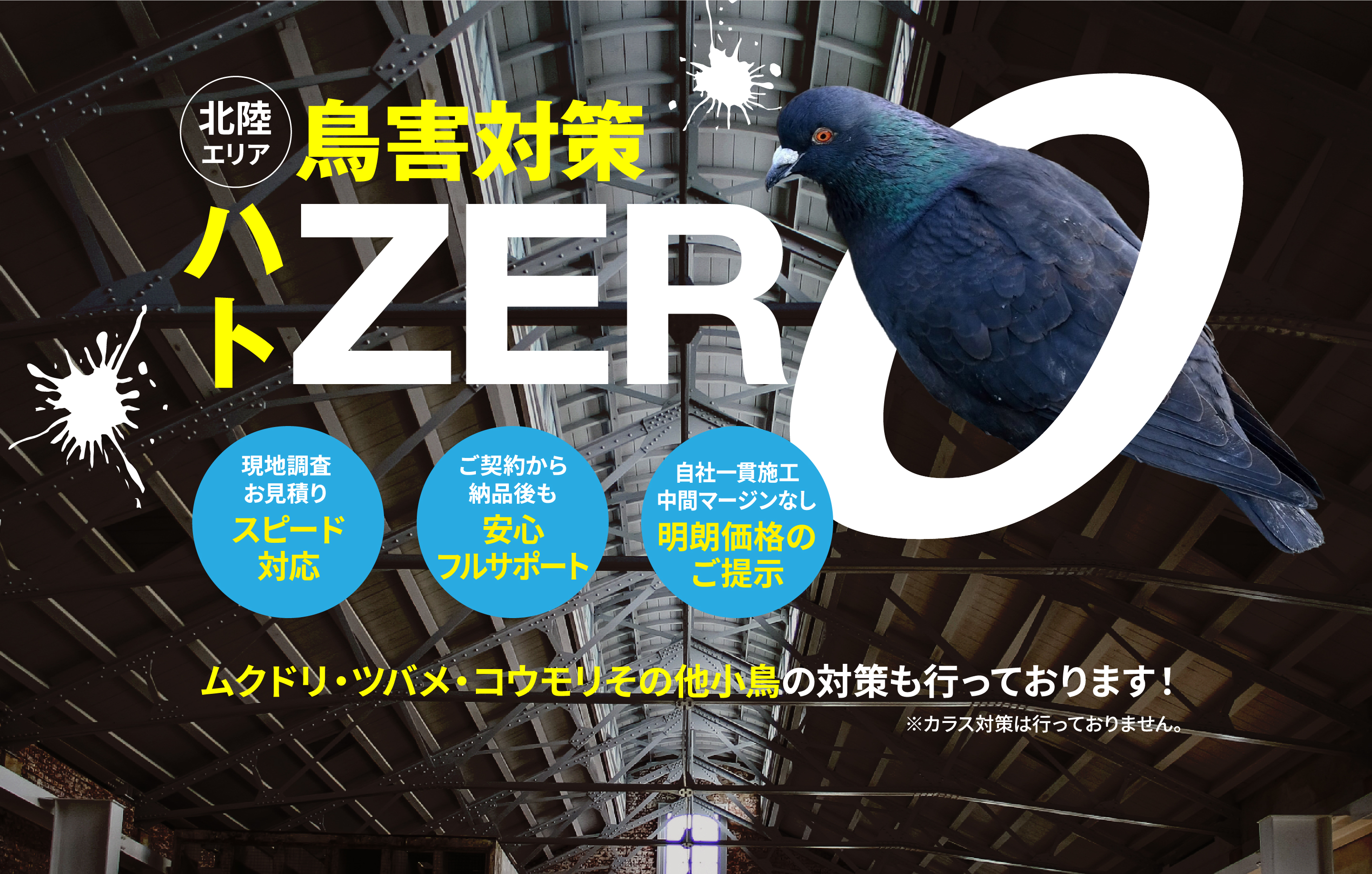 北陸三県対応の工場・倉庫・事務所向け鳥害対策サービスのメインビジュアル